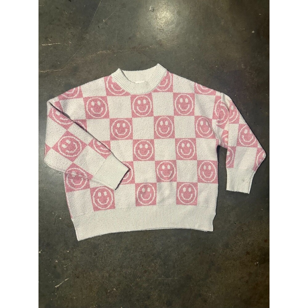 Jessica Simpson Sweater Womens Medium Pink Checker Smiley Face Y2K Soft Knit